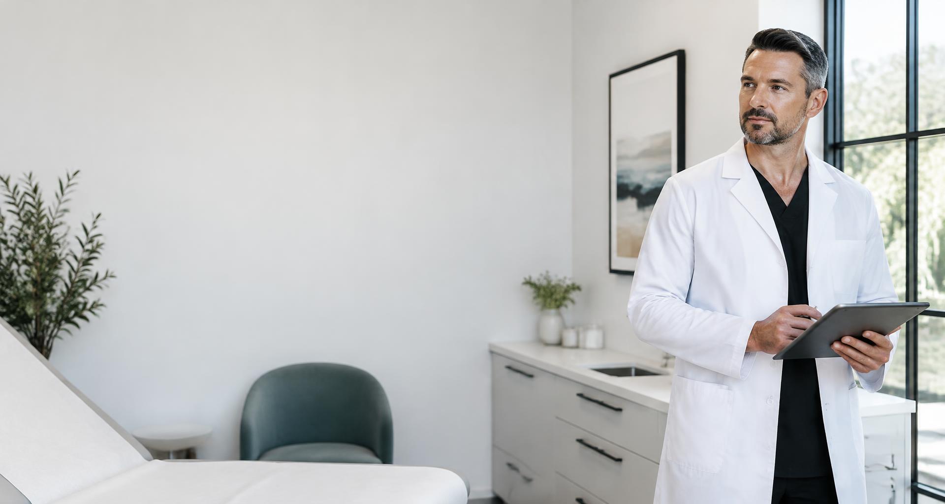 A physician reviewing patient information in a modern clinic