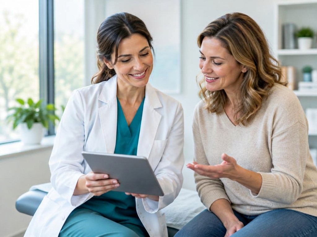 A physician and patient reviewing progress together on a tablet in a bright modern clinic