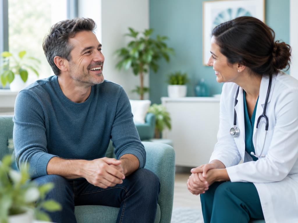 A smiling patient in conversation with a doctor in a bright clinic room