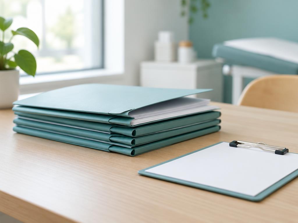 Medical record folders on a clinic desk