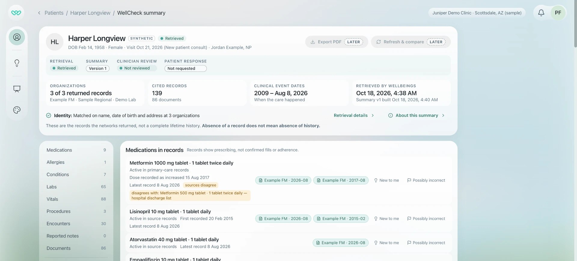 WellBeings doctor portal showing a patient’s retrieved health record summary